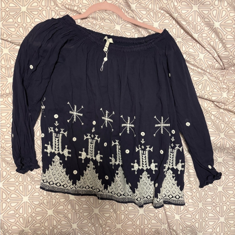 Joie Dark Blue Off-Shoulder Blouse with White Embroidery